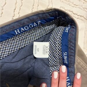 Haggar Slim Fit Tan Chino Khaki Pants with Blue Checkered Lining—32x32